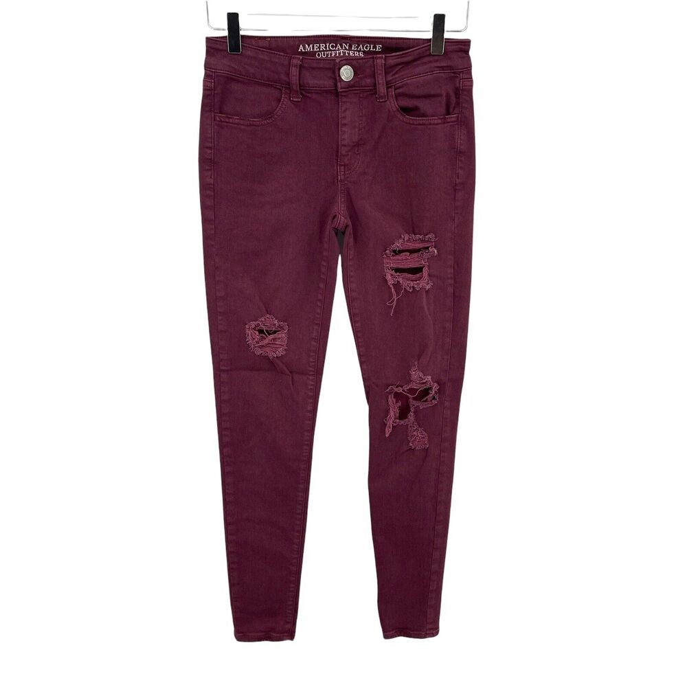 American Eagle Outfitters Maroon Super Stretch Distressed Jegging Jeans Size 4